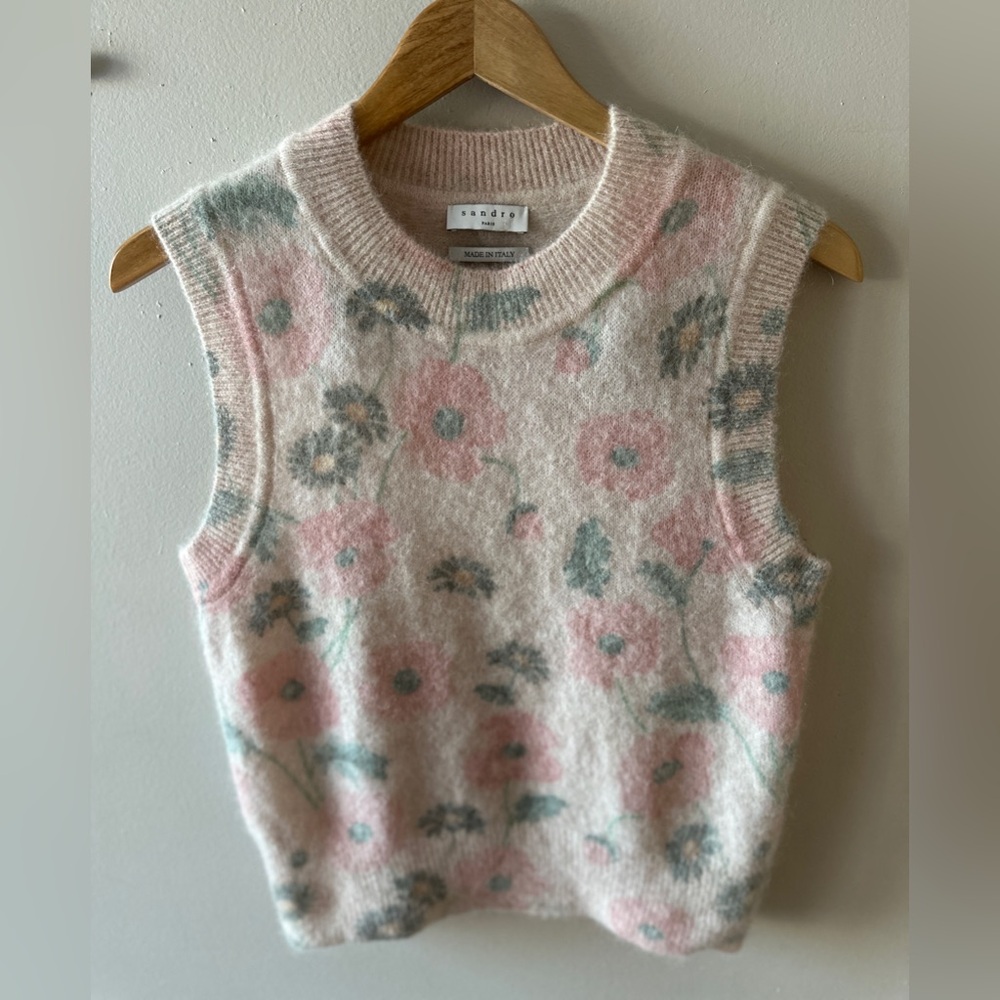 Sandro Paris Mohair & Alpaca Beige Floral Sleveless Sweater Vest